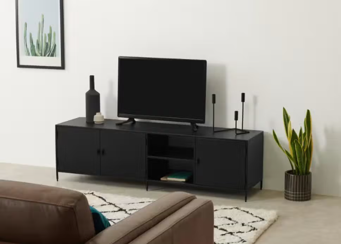 A Simple Black-Brown Tv Unit with a Door & Drawer
