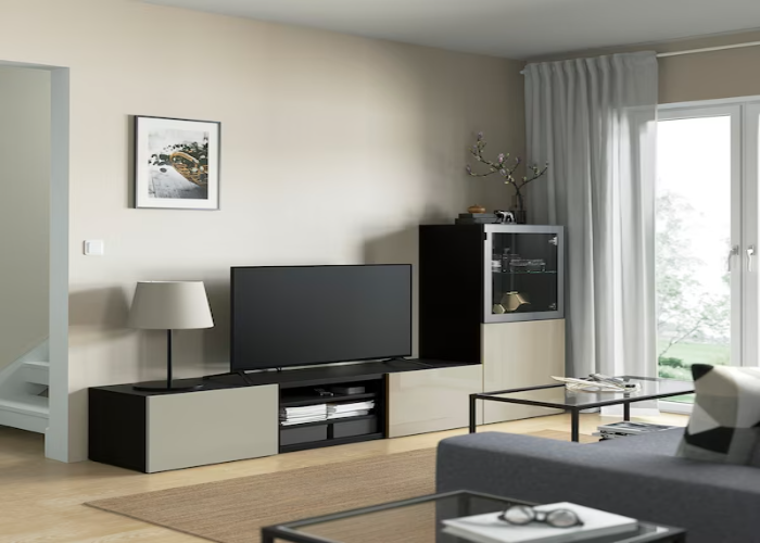 Black-Beige Besta TV Storage Combined with Beige Glass