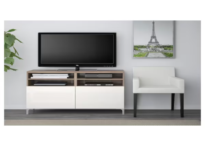 Walnut-White TV Unit with Doors and Open Storage