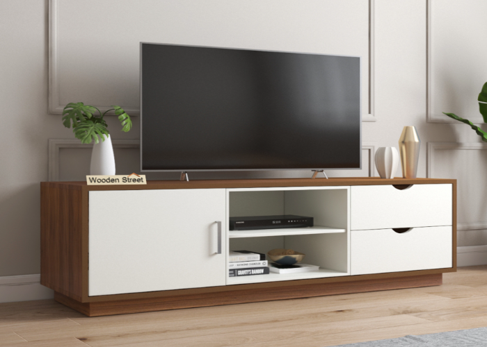 Walnut and White TV Unit with Drawers