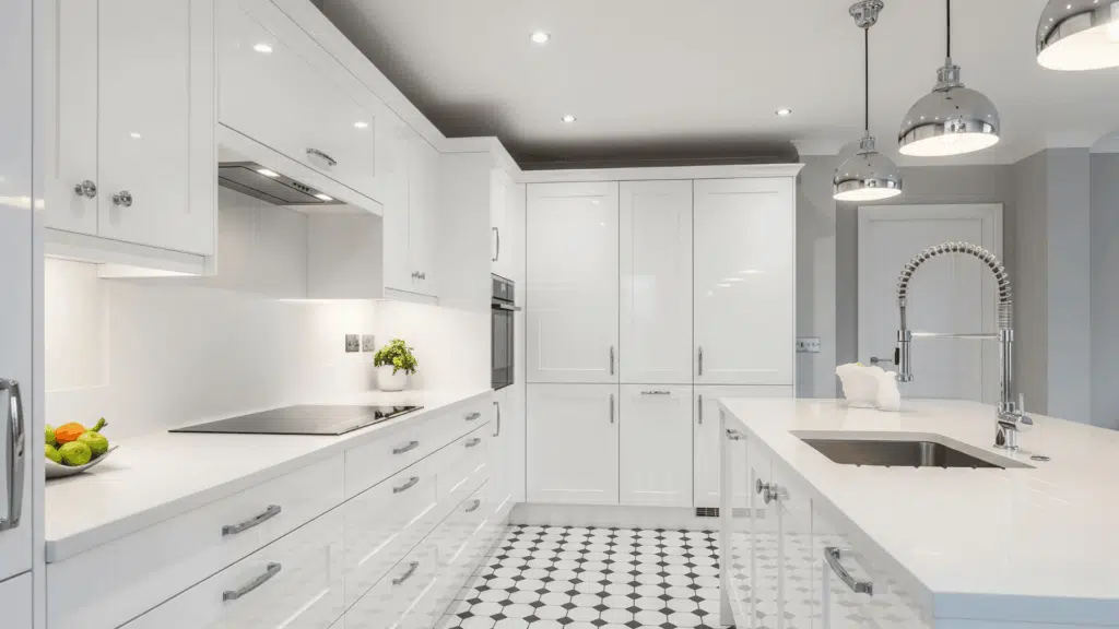 chrome and white contrast kitchen
