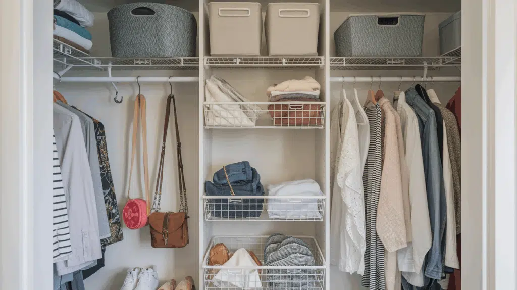 Baskets and Hooks Reach-in Closet