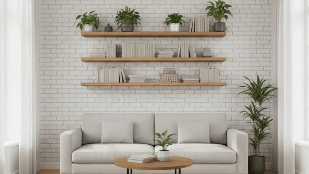 5 living room feature wall with floating shelves