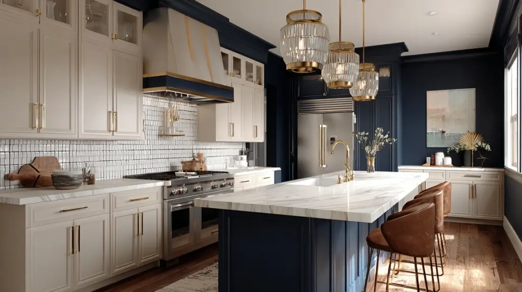 beige cabinets navy walls