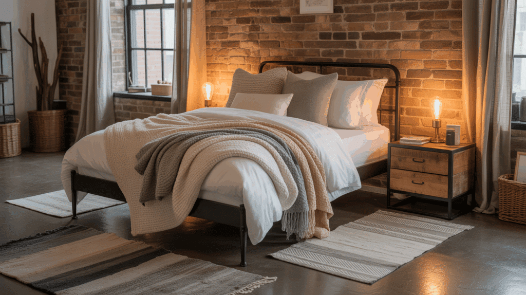 industrial bedroom with layered rugs