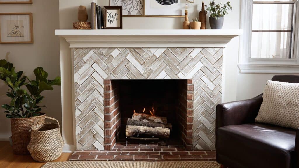 brick herringbone pattern with tile stickers