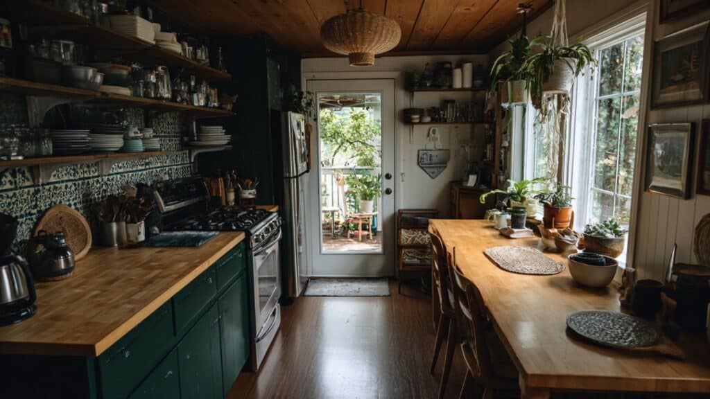 dark green and butcher block countertops