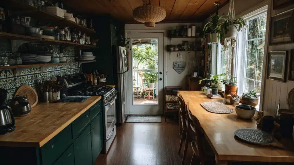 dark green and butcher block countertops