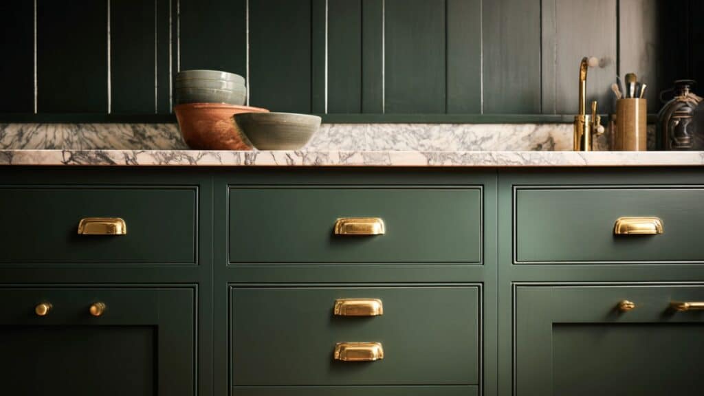 dark green cabinets paired with brass hardware