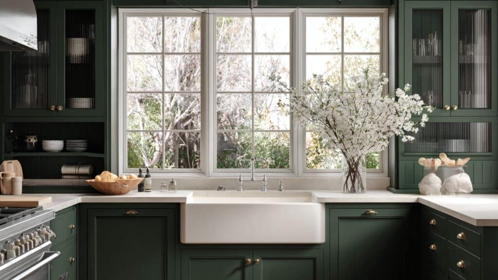 dark green cabinets with farmhouse apron sink