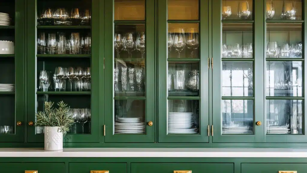 dark green cabinets with glass doors for display