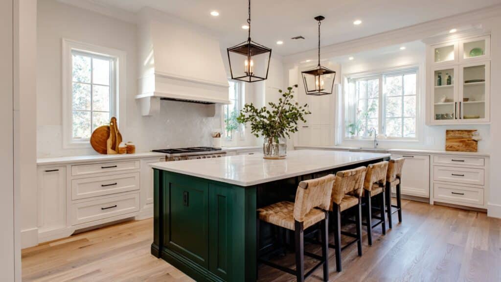 dark green kitchen island as a statement piece