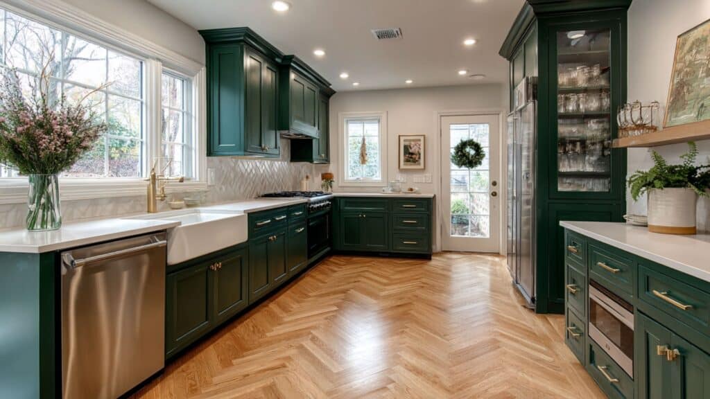 dark green kitchen with herringbone wood flooring