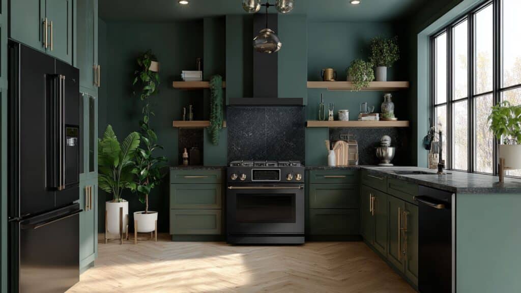 dark green paired with matte black appliances