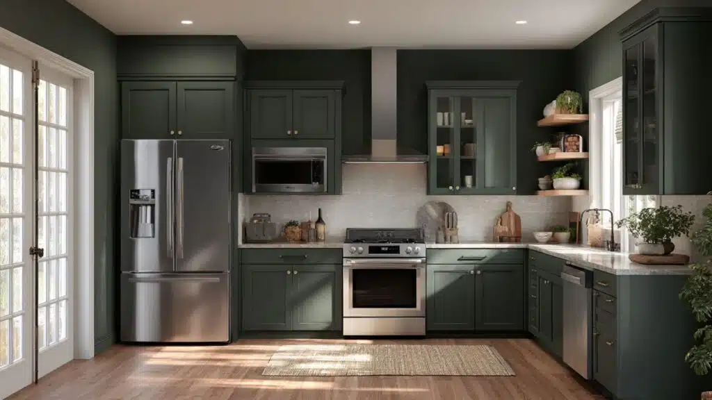dark green paired with stainless steel appliances