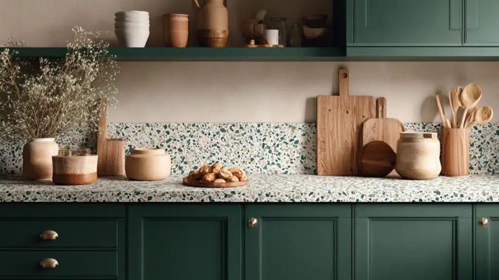dark green paired with terrazzo countertops
