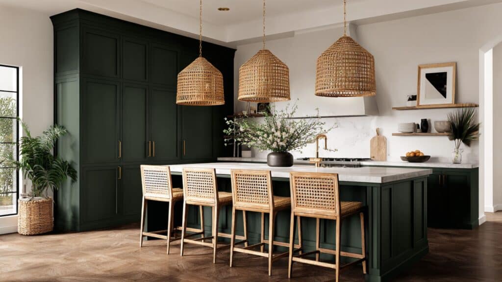 dark green paired with woven or rattan light shades