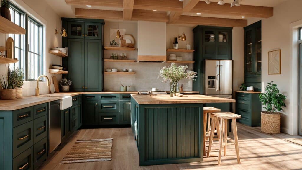 dark green shaker style cabinets