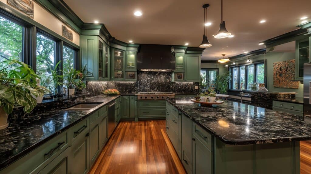 dark green with black granite countertops