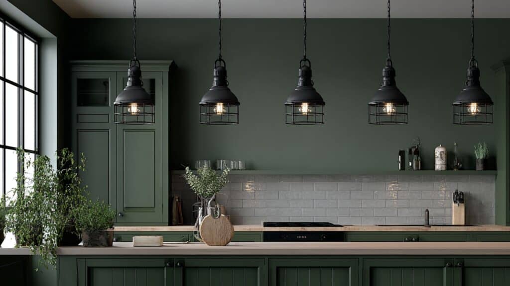 dark green with industrial style black lighting fixtures