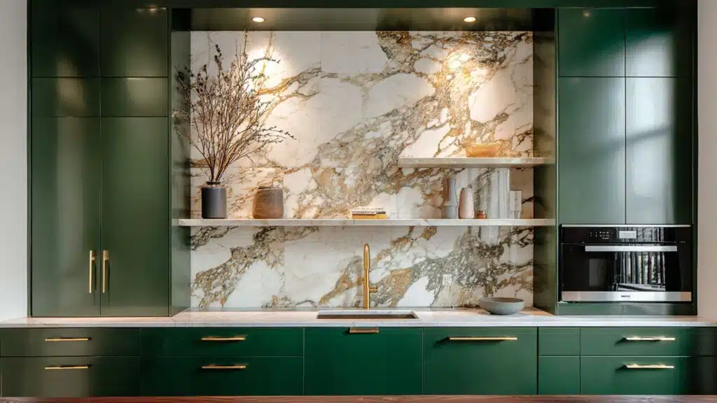 dark green with marble slab backsplash
