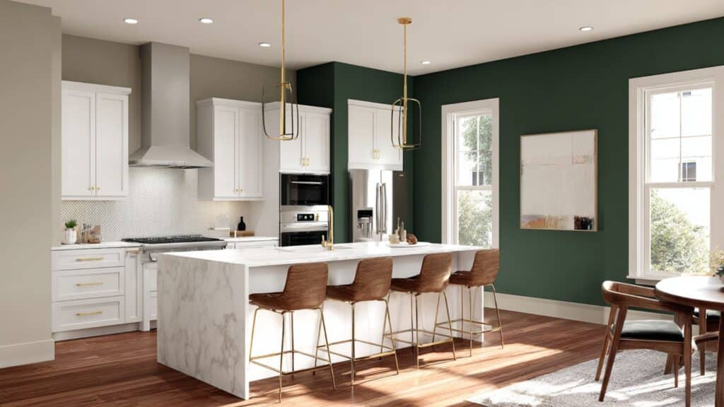 dark green with open wood shelving for balance