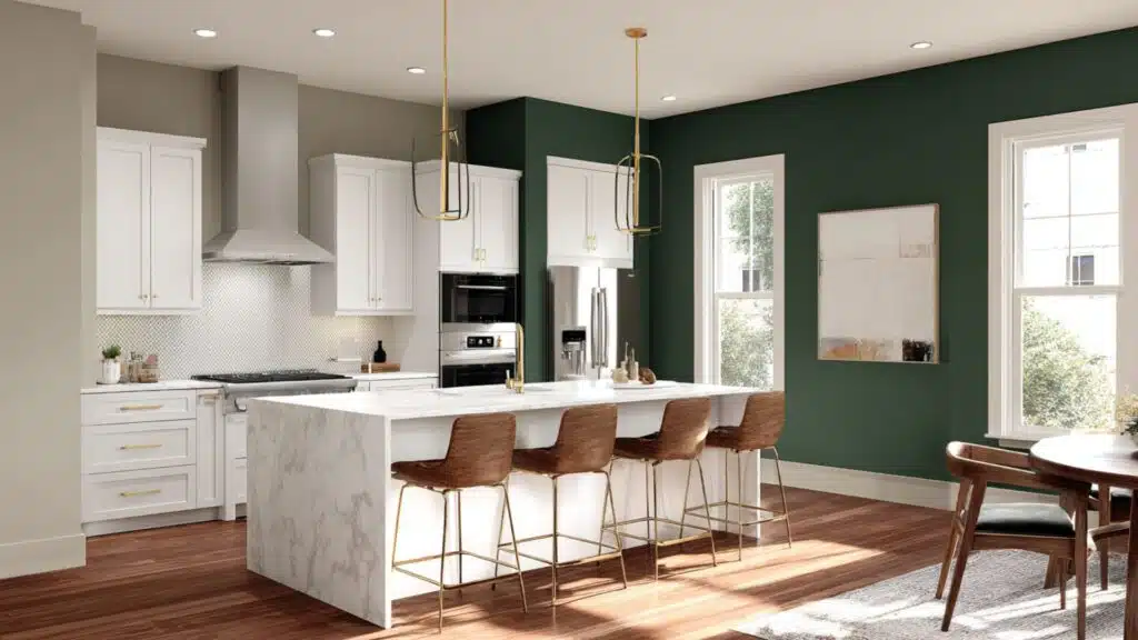 dark green with open wood shelving for balance