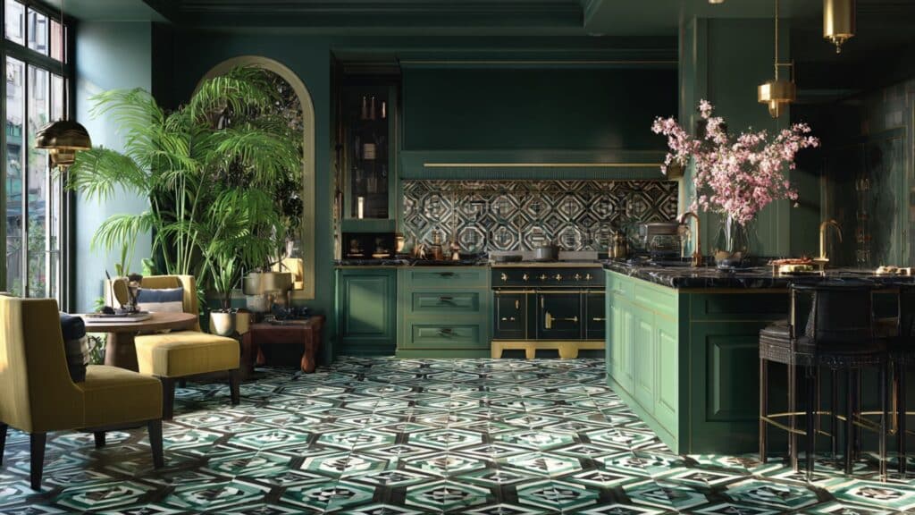 dark green with patterned ceramic tile flooring