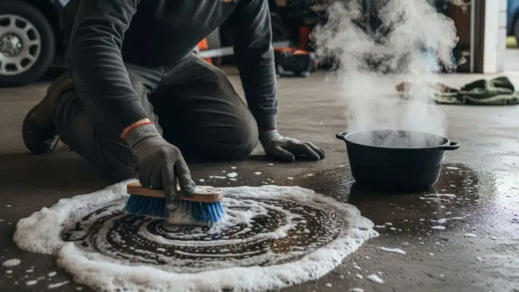 dish soap and hot water oil stain