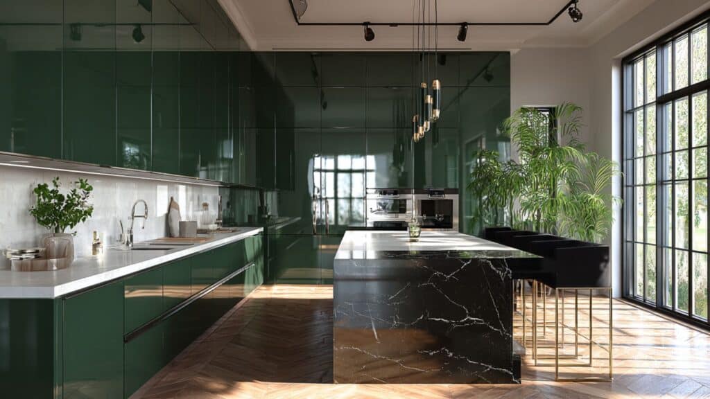 glossy dark green cabinets to reflect more light