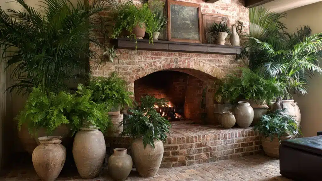large potted plants around hearth