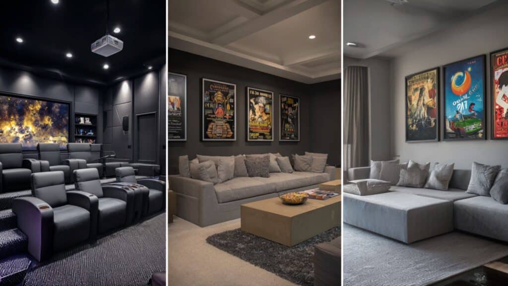 media room home theater with different design styles