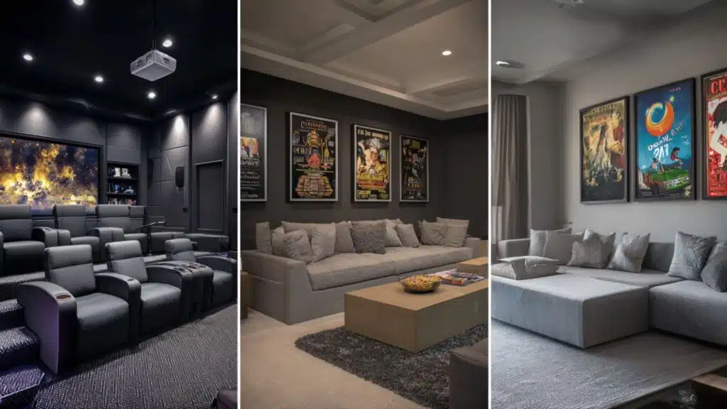 media room home theater with different design styles