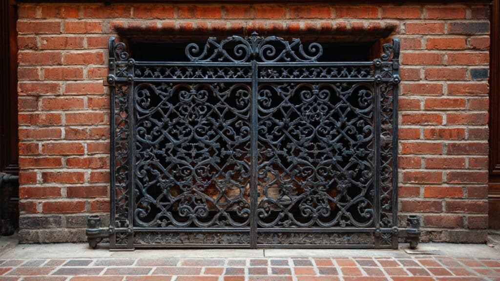 ornate wrought iron fireplace screen