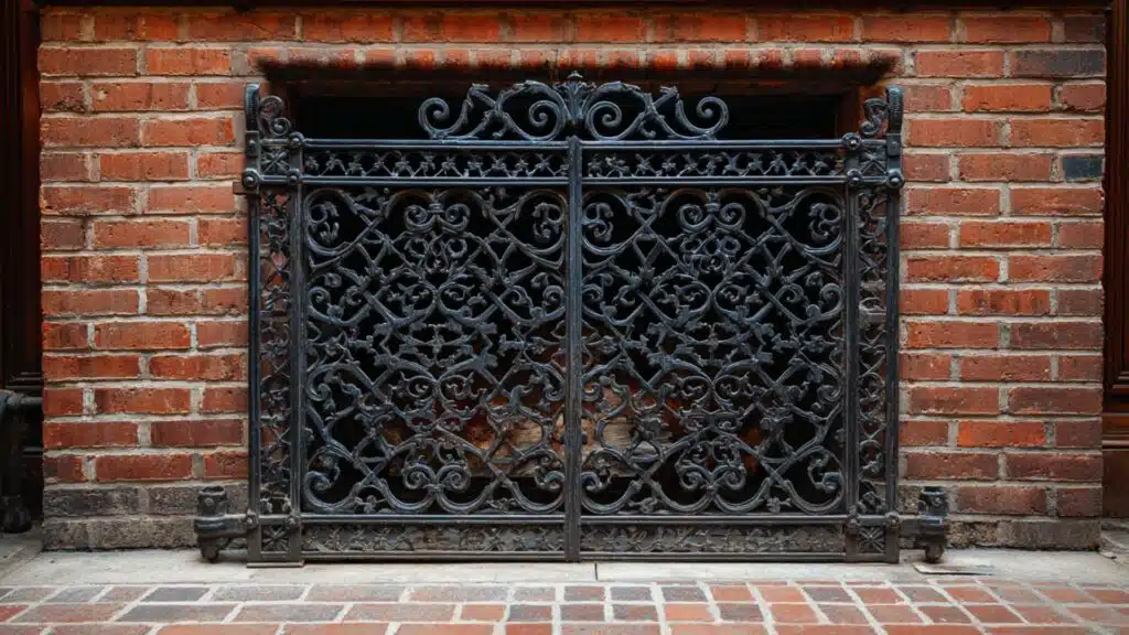 ornate wrought iron fireplace screen