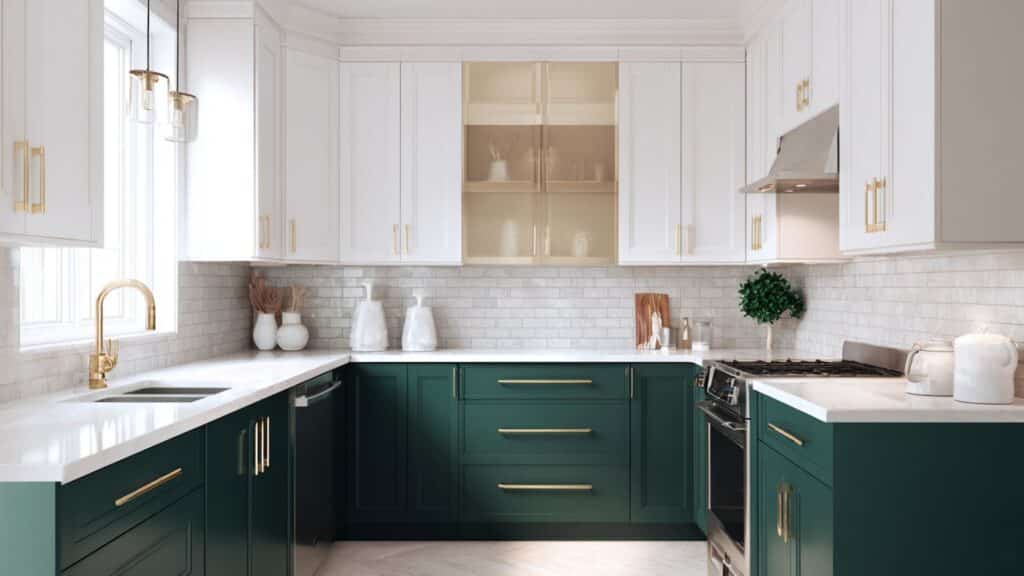 two tone design dark green lower cabinets with white uppers