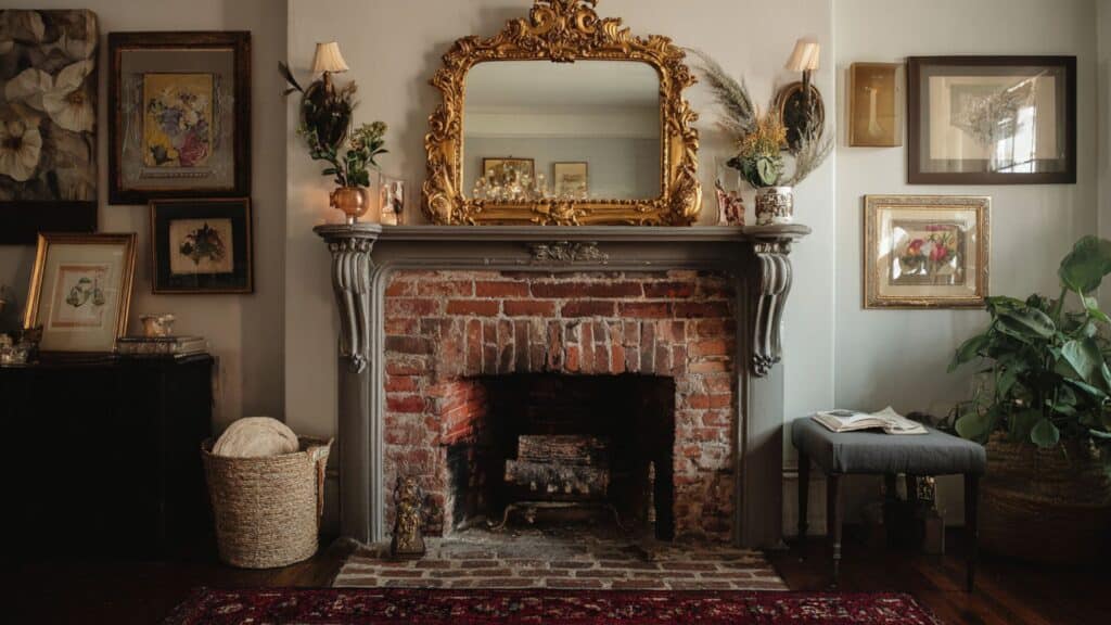 vintage mirror above fireplace
