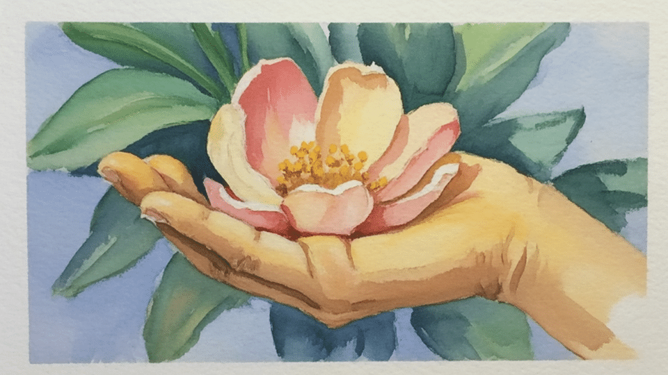 a childs small hand holding a flower