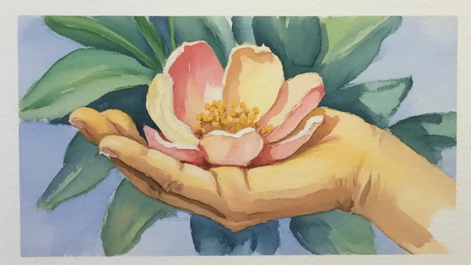 a childs small hand holding a flower