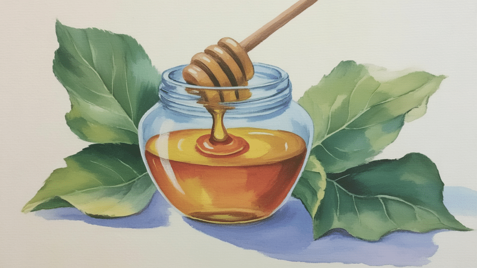 a honey jar with a honey dipper
