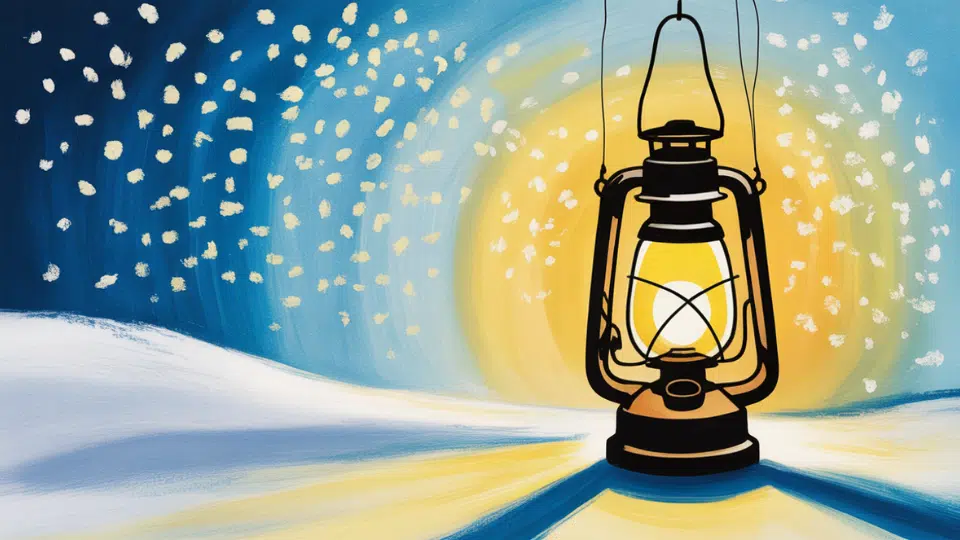 a lantern in a snowy night scene
