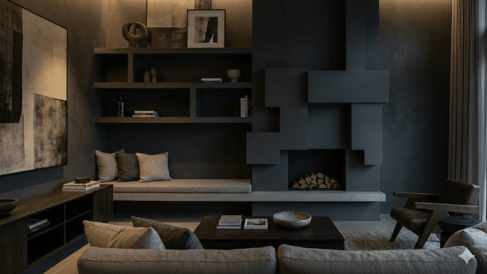 asymmetrical accent wall with an off center fireplace