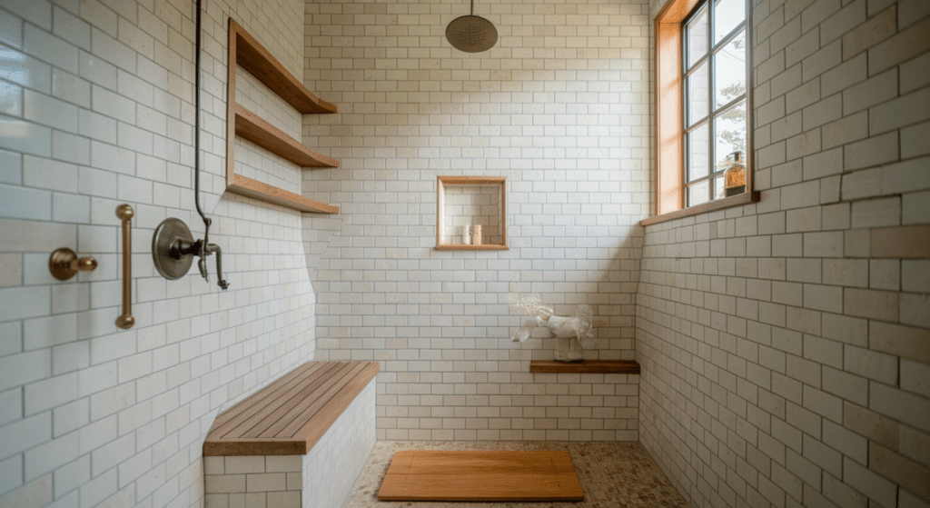 beige tile with wood trim shower