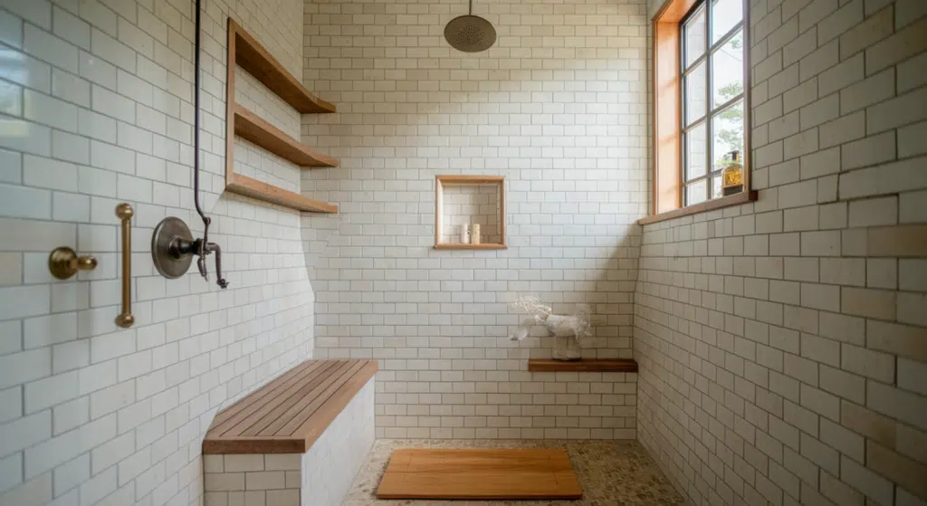 beige tile with wood trim shower