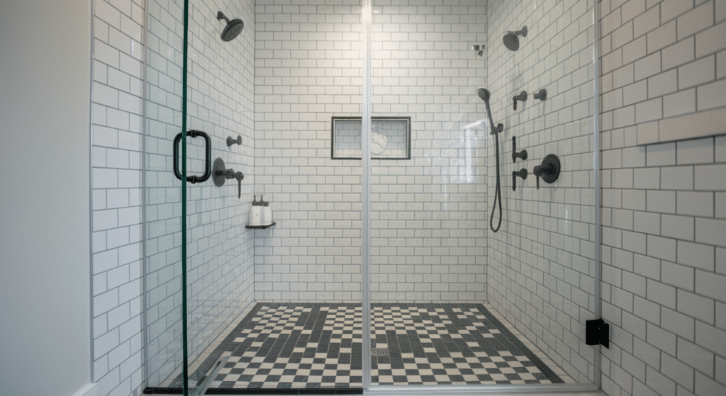 black and white checker tile shower