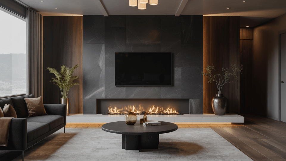 black slate fireplace wall