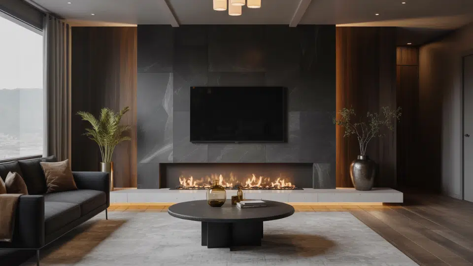 black slate fireplace wall