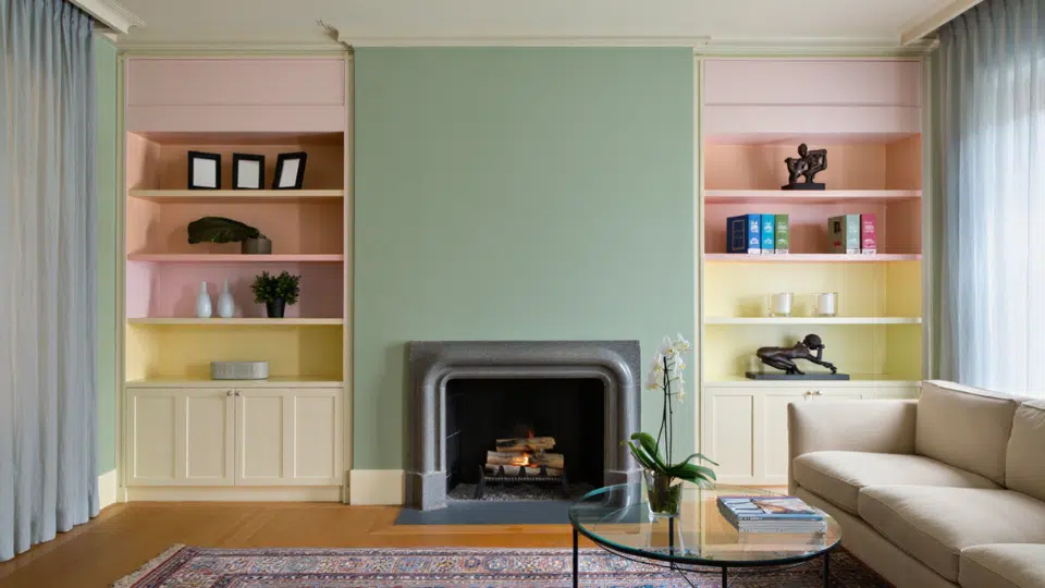 floor to ceiling built ins framing the fireplace