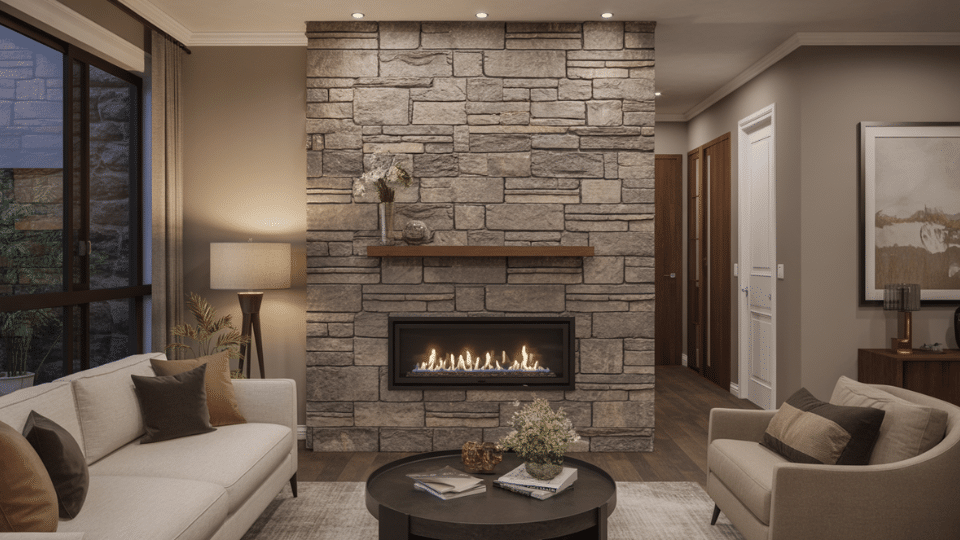 floor to ceiling stacked stone