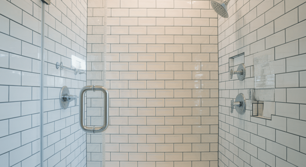 glossy white tile shower with colored grout